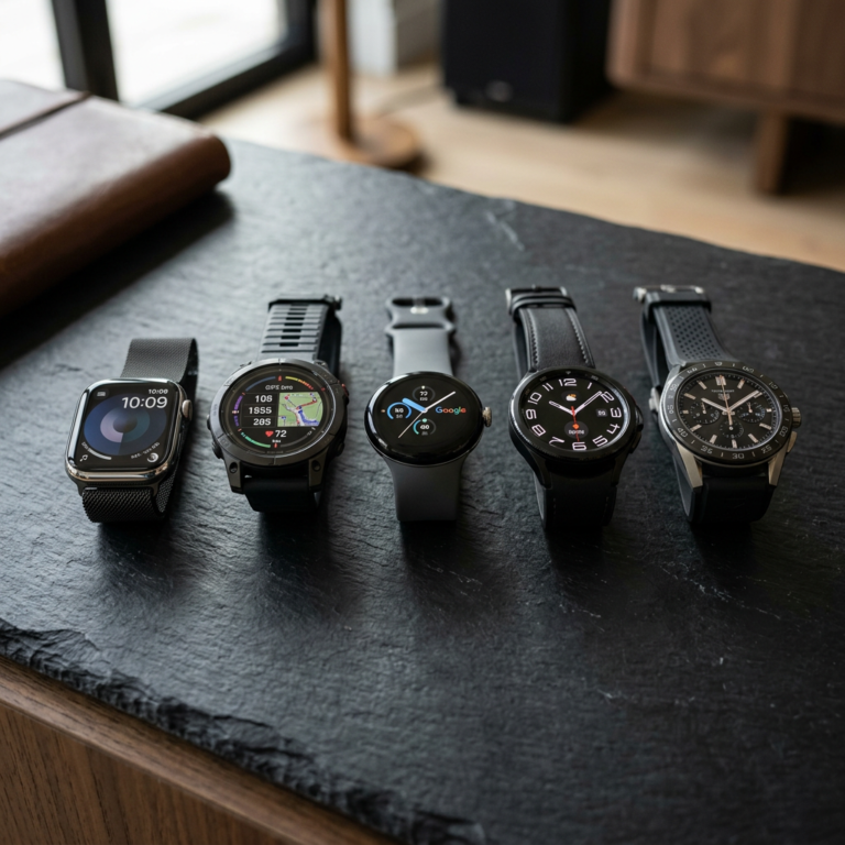 Five wristwatches including smartwatches and an analog watch placed side by side